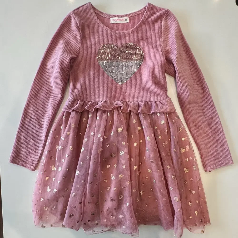 Young Hearts Pink Ribbed Tutu Dress Girls 6X Sequin Heart Gold Foil Whimsical
